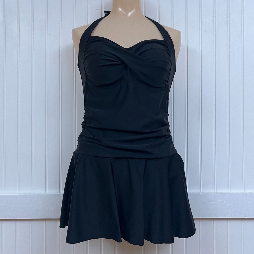 Tempt Me Black Halter Tummy Control Skirted One Piece Swimsuit Swimdress NWOT